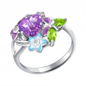 Серебряное кольцо SOKOLOV 92010500 с фианитом, аметистом, хризолитом и эмалью 92010500 фото