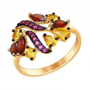 Кольцо из золочёного серебра SOKOLOV 92011397 с фианитом, цитрином и гранатом 92011397 фото