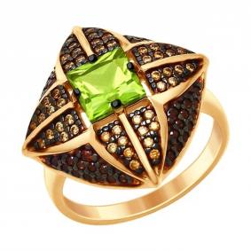 Кольцо из золочёного серебра SOKOLOV 92011433 с фианитом и хризолитом 92011433 фото