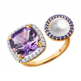 Кольцо из золочёного серебра SOKOLOV 92014699 с фианитом, аметистом и жемчугом 92014699 фото