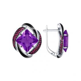 Серебряные серьги SOKOLOV 92021454 с фианитом, аметистом, сапфировым корундом, ситаллом и эмалью 92021454 фото