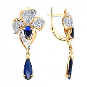 Серьги из золочёного серебра SOKOLOV 92023089 с фианитом и сапфировым корундом 92023089 фото