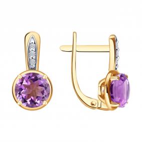 Серьги из золочёного серебра SOKOLOV 92023158 с фианитом и аметистом 92023158 фото