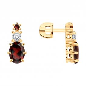 Серьги из золочёного серебра SOKOLOV 92025327 с фианитом и гранатом 92025327 фото