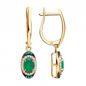 Серьги из золочёного серебра SOKOLOV 92025343 с фианитом и агатом 92025343 фото