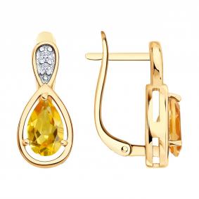 Серьги из золочёного серебра SOKOLOV 92025744 с фианитом и цитрином 92025744 фото