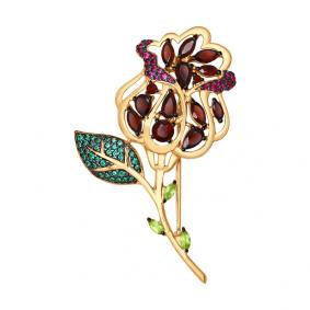 Брошь из золочёного серебра SOKOLOV 92040069 с гранатом 92040069 фото