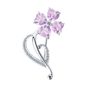 Серебряная брошь SOKOLOV 92040084 с фианитом и аметистом 92040084 фото