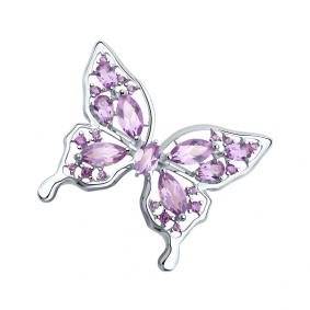 Серебряная брошь SOKOLOV 92040091 с фианитом и аметистом 92040091 фото