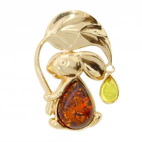 Брошь из золочёного серебра Символ года Кролик Дарвин с янтарём 927062207aa-микс 927062207aa-микс фото