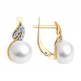 Серьги из золочёного серебра Diamant 93-320-01935-1 с фианитом и жемчугом 93-320-01935-1 фото