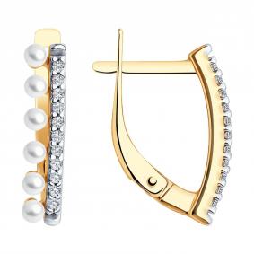 Серьги из золочёного серебра Diamant 93-320-01959-1 с фианитом и жемчугом 93-320-01959-1 фото