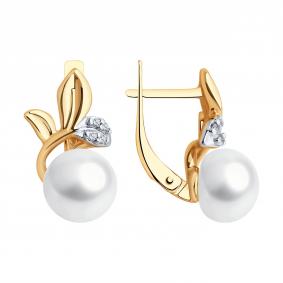 Серьги из золочёного серебра Diamant 93-320-01961-1 с фианитом и жемчугом 93-320-01961-1 фото
