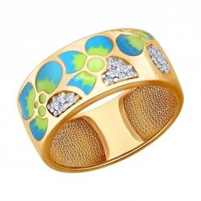 Кольцо из золочёного серебра SOKOLOV 93010559 с фианитом и эмалью 93010559 фото