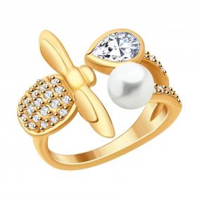 Кольцо из золочёного серебра SOKOLOV 93010752 с фианитом и жемчугом 93010752 фото