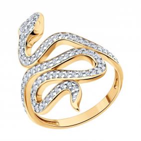 Кольцо из золочёного серебра Символ года Змея SOKOLOV с фианитом 93011149 93011149 фото