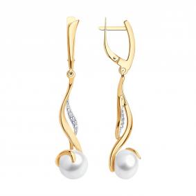 Серьги из золочёного серебра SOKOLOV 93020788 с фианитом и жемчугом 93020788 фото