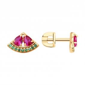 Серьги из золочёного серебра SOKOLOV 93022451 с фианитом и рубиновым корундом 93022451 фото