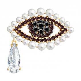 93040064: Брошь из золочёного серебра с синтетическим жемчугом и фианитами 93040064 фото