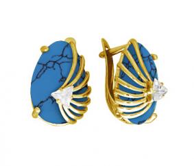 Серьги из золочёного серебра Золотые узоры 94-02-3886 с бирюзой и цирконием 94-02-3886 фото