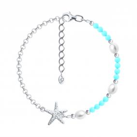 Серебряный браслет Diamant 94-350-00028-1 с жемчугом и бирюзой 94-350-00028-1 фото