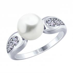 Серебряное кольцо SOKOLOV 94012649 с фианитом и жемчугом Swarovski 94012649 фото