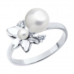 Серебряное кольцо SOKOLOV 94012779 с фианитом и жемчугом 94012779 фото