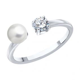 Серебряное кольцо SOKOLOV 94013680 с фианитом и жемчугом Swarovski 94013680 фото