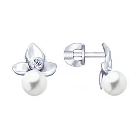 Серебряные серьги SOKOLOV 94023198 с фианитом и жемчугом 94023198 фото