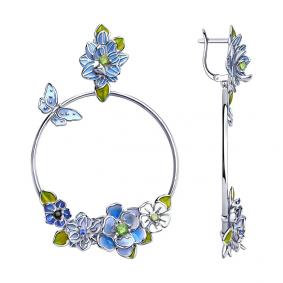 Серебряные серьги SOKOLOV 94023583 с фианитом, хризолитом и эмалью 94023583 фото