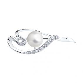 Серебряная брошь SOKOLOV 94040037 с фианитом и жемчугом 94040037 фото