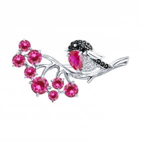 Серебряная брошь SOKOLOV 94040139-91 с фианитом и рубиновым корундом 94040139-91 фото