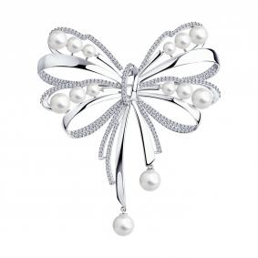 Серебряная брошь SOKOLOV 94040196 с фианитом и жемчугом 94040196 фото