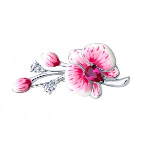 Серебряная брошь SOKOLOV 94040325-91 с фианитом, эмалью и рубиновым корундом 94040325-91 фото