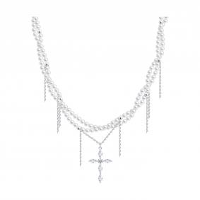 Серебряное колье-крест SOKOLOV с фианитом и жемчугом 94071434 94071434 фото