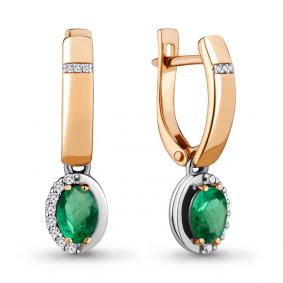 Золотые серьги AQUAMARINE 942366ки с бриллиантом и изумрудом 942366ки фото