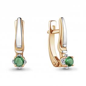 Золотые серьги AQUAMARINE 942683ки с бриллиантом и изумрудом 942683ки фото