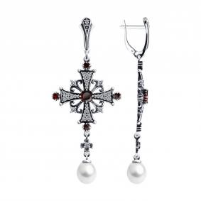 Серьги-кресты из черненого серебра Diamant с гранатом, жемчугом и фианитом 95-321-02037-1 95-321-02037-1 фото