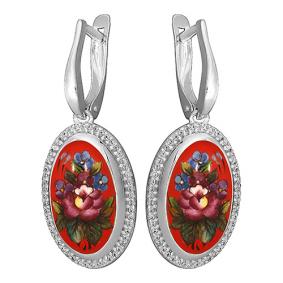 Серебряные серьги Золотые узоры 96-02-0007-31 с цирконием и финифтью 96-02-0007-31 фото