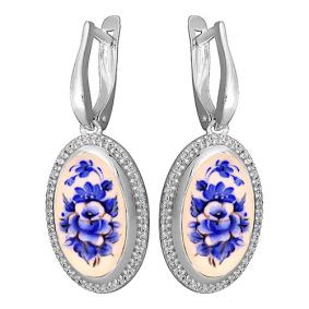 Серебряные серьги Золотые узоры 96-02-0007-32 с цирконием и финифтью 96-02-0007-32 фото