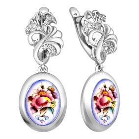 Серебряные серьги Золотые узоры 96-02-0017-06 с цирконием и финифтью 96-02-0017-06 фото