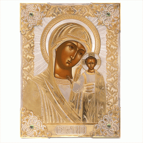 Икона из золочёного серебра ручной работы Божией Матери Казанская с фианитом 9806010 9806010 фото