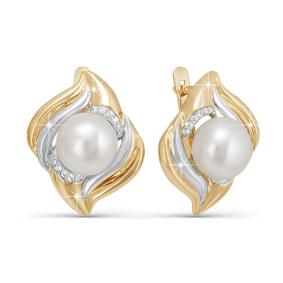 Золотые серьги КЮЗ Del'ta D122284 с фианитом и жемчугом D122284 фото