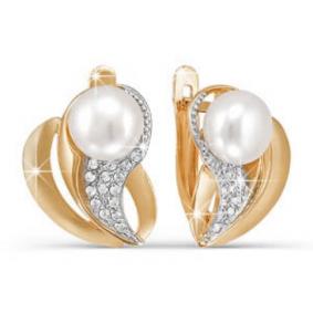 Золотые серьги КЮЗ Del'ta D122680 с фианитом и жемчугом D122680 фото