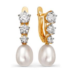 Золотые серьги КЮЗ Del'ta D123640 с фианитом и жемчугом D123640 фото