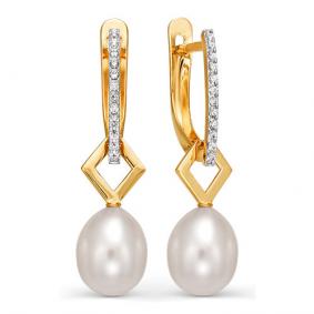 Золотые серьги КЮЗ Del'ta D123647 с фианитом и жемчугом D123647 фото