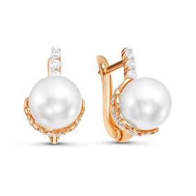 Золотые серьги КЮЗ Del'ta D125789 с фианитом и жемчугом Swarovski D125789 фото