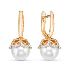 Золотые серьги КЮЗ Del'ta D125790 с фианитом и жемчугом Swarovski D125790 фото