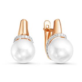 Золотые серьги КЮЗ Del'ta D125791 с фианитом и жемчугом Swarovski D125791 фото