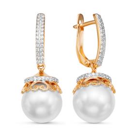 Золотые серьги КЮЗ Del'ta D125794 с фианитом и жемчугом Swarovski D125794 фото